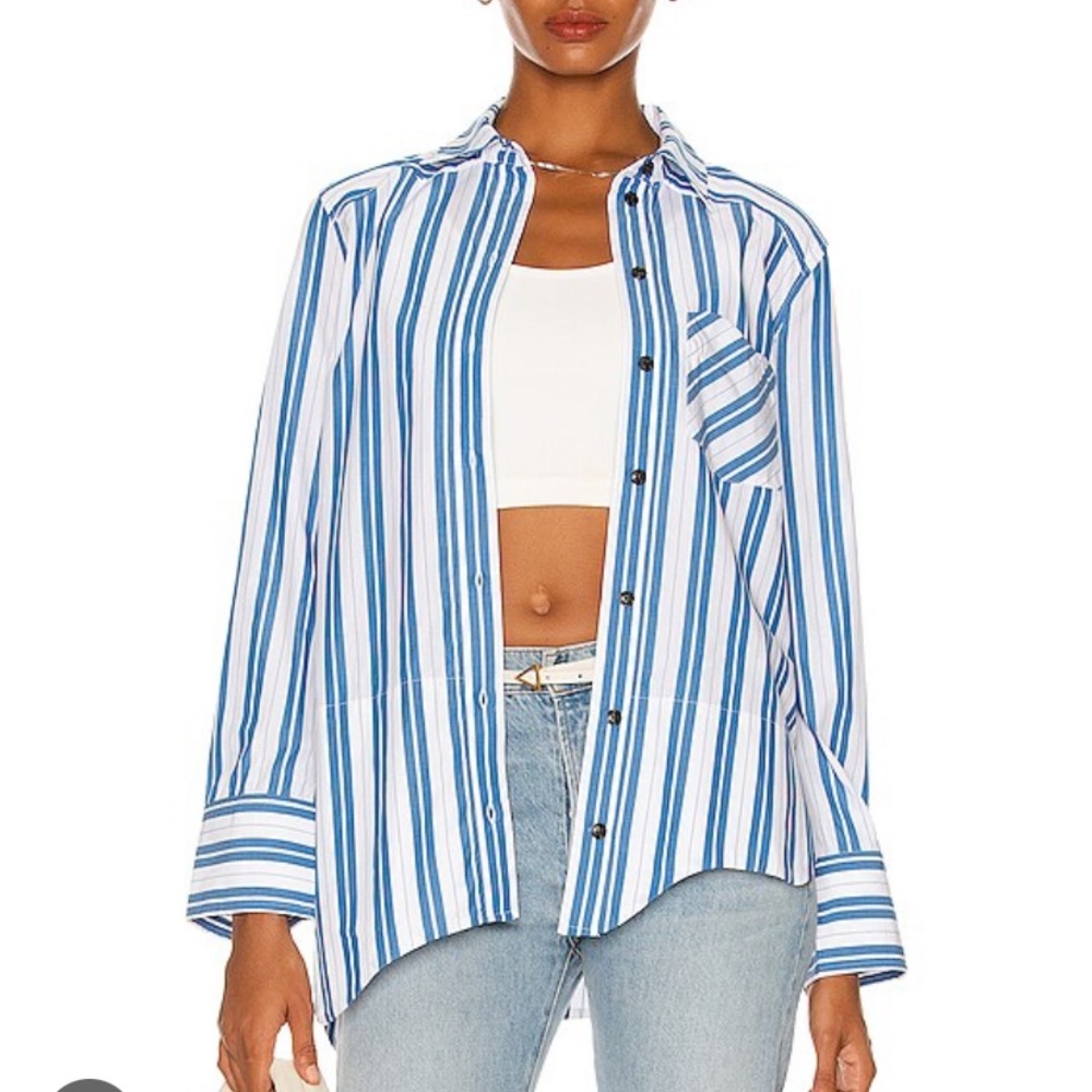 Ganni blue Daphne asymmetric button-up striped top